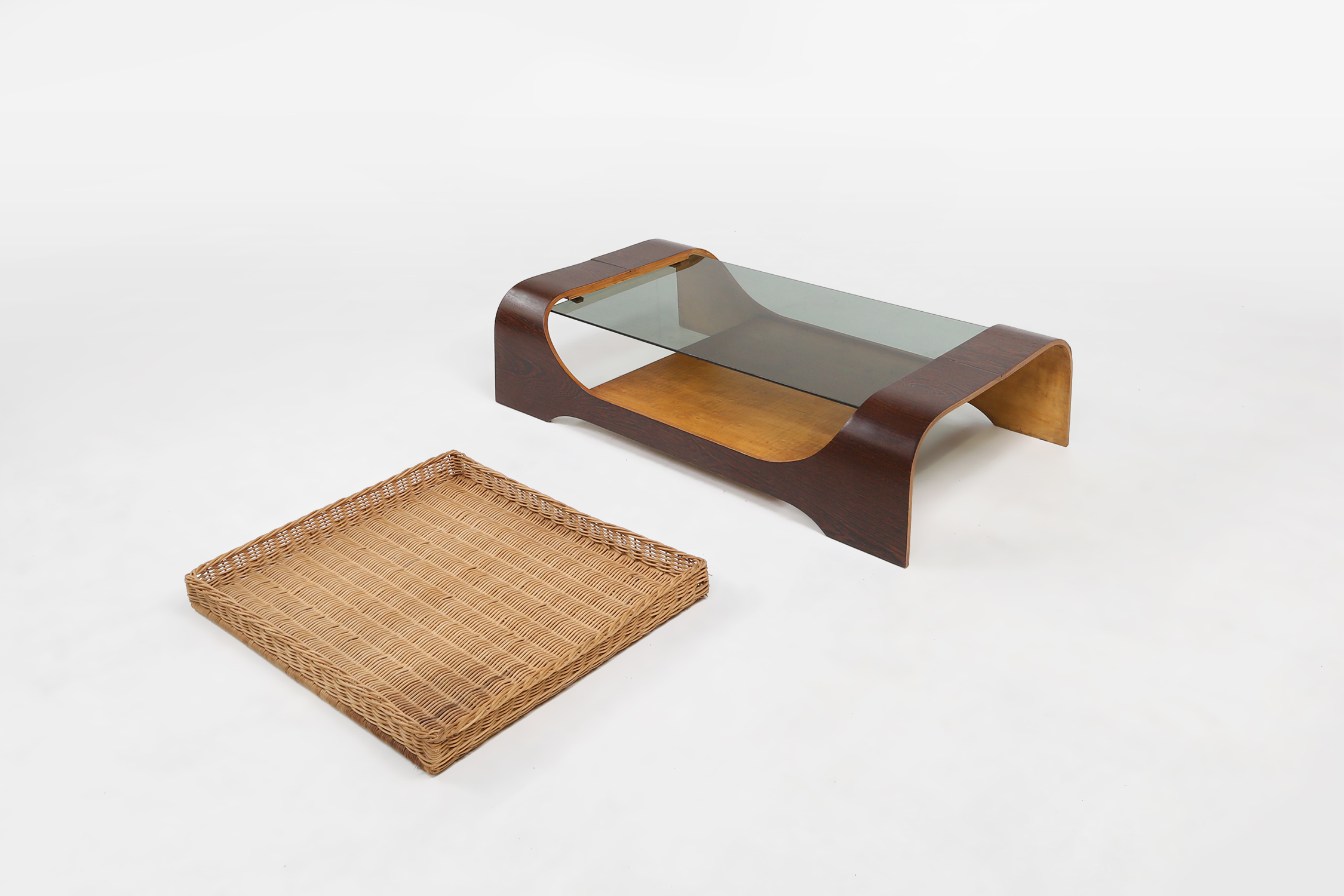 French mid-century coffee table in curved wenge plywood with glass top, 1960sthumbnail